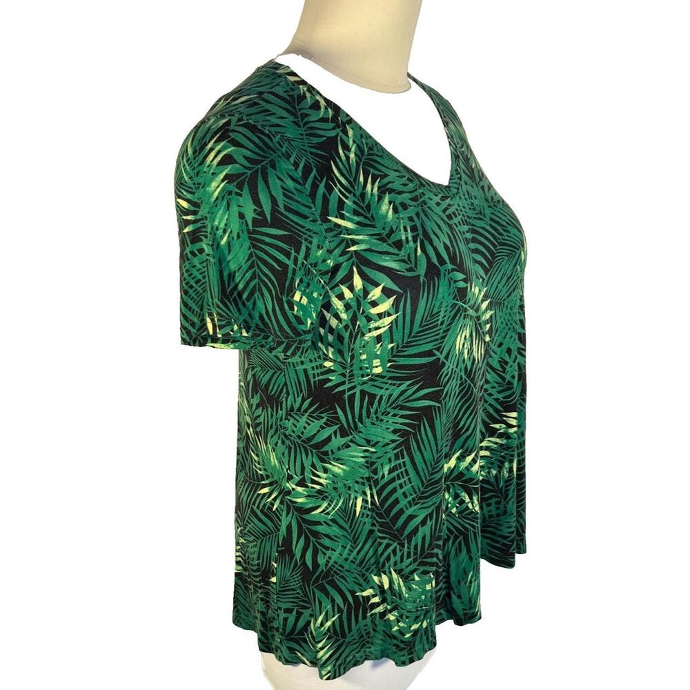 Popyoung - Women's XL Tee Shirt Stretch Green, Black Jungle Tropical Leaf Print - Picture 3 of 8